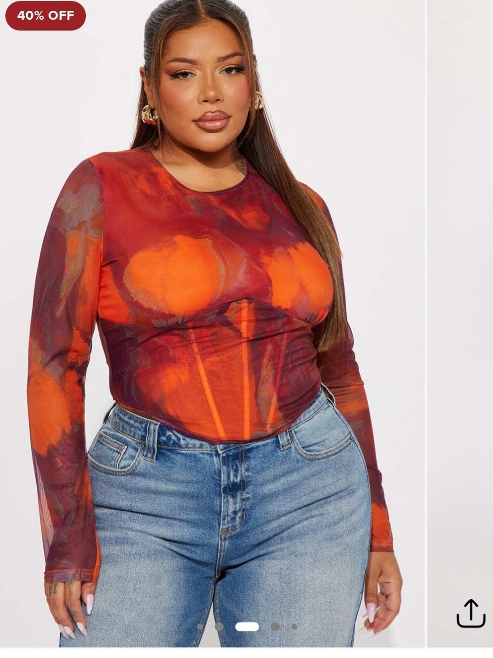 Fashion Nova Long Sleeve Mesh Top in Orange & Burgundy Swirl
